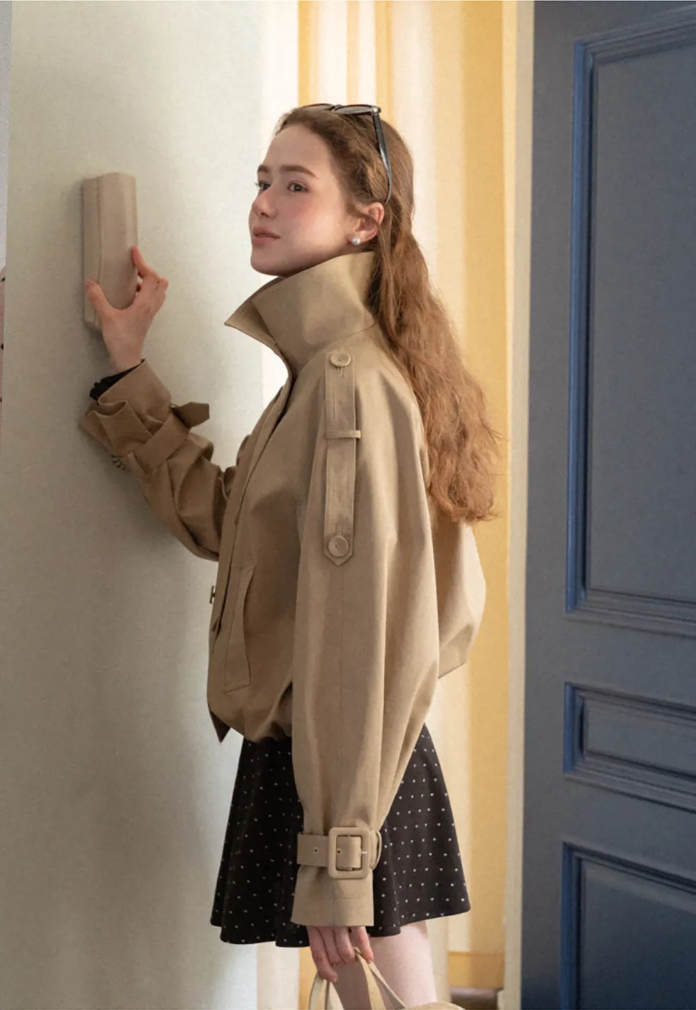 Oversized Cropped Trench Coat with Asymmetrical Lapel