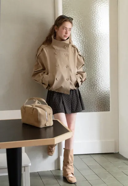 Oversized Cropped Trench Coat with Asymmetrical Lapel