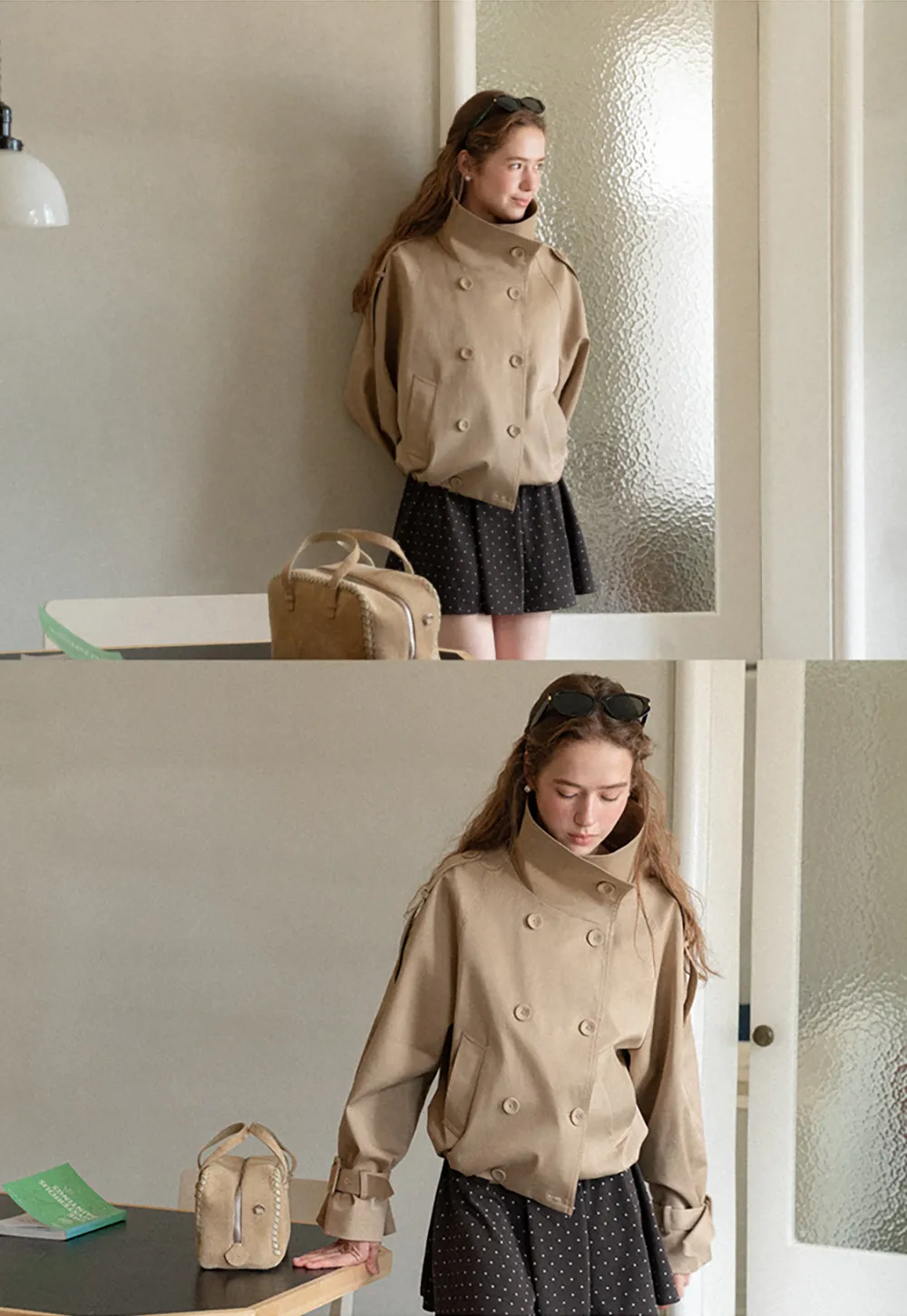 Oversized Cropped Trench Coat with Asymmetrical Lapel