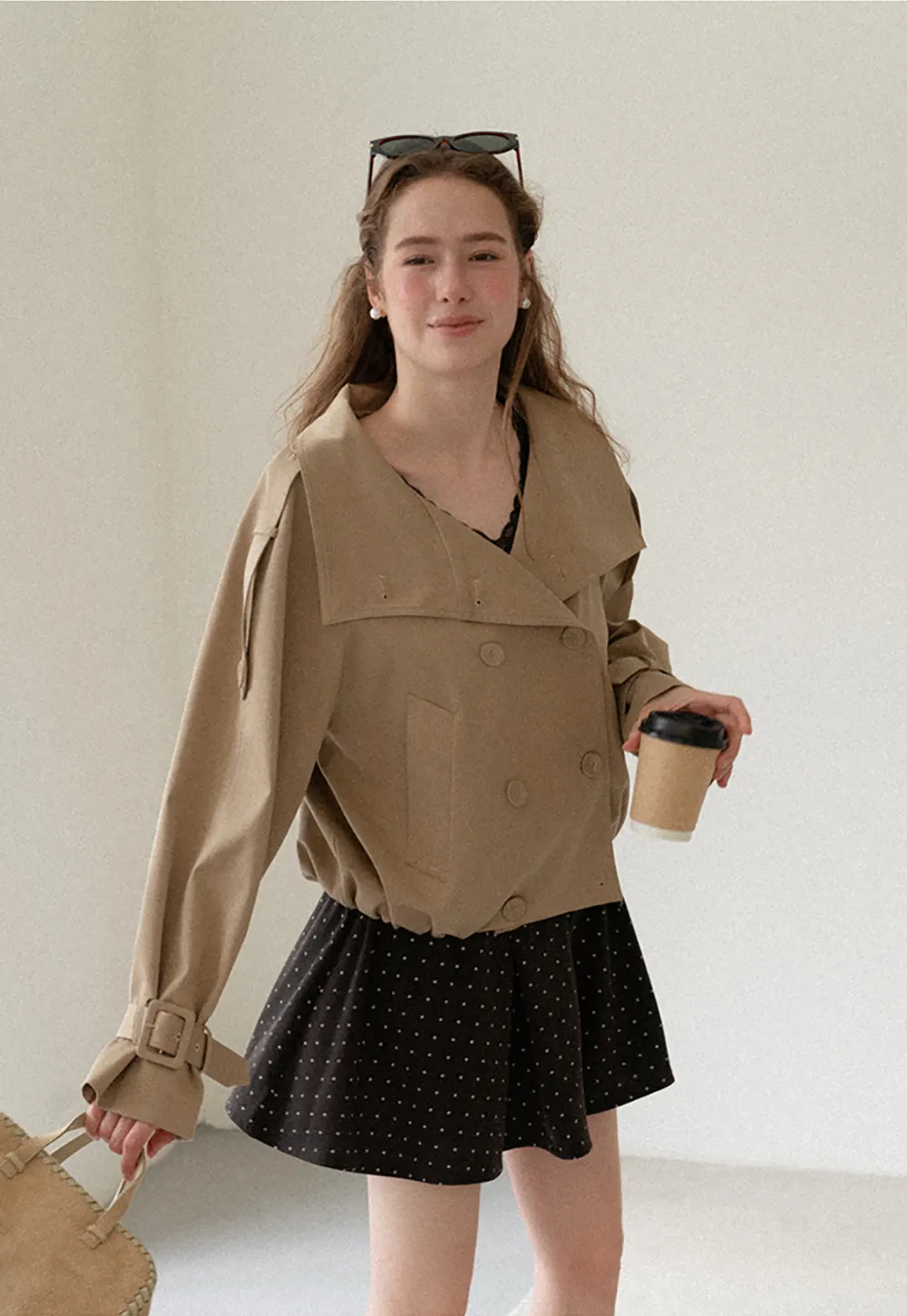 Oversized Cropped Trench Coat with Asymmetrical Lapel