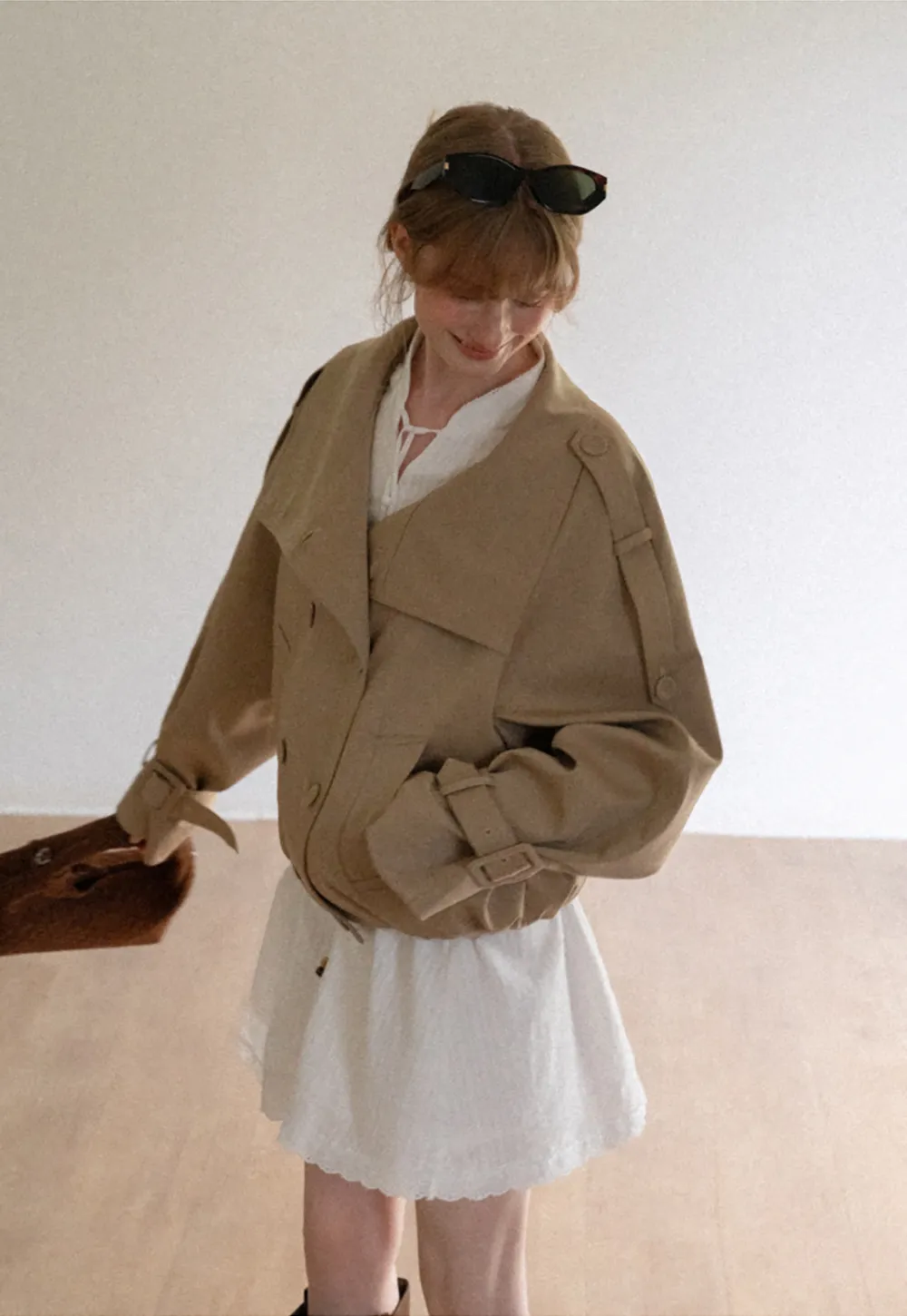 Oversized Cropped Trench Coat with Asymmetrical Lapel