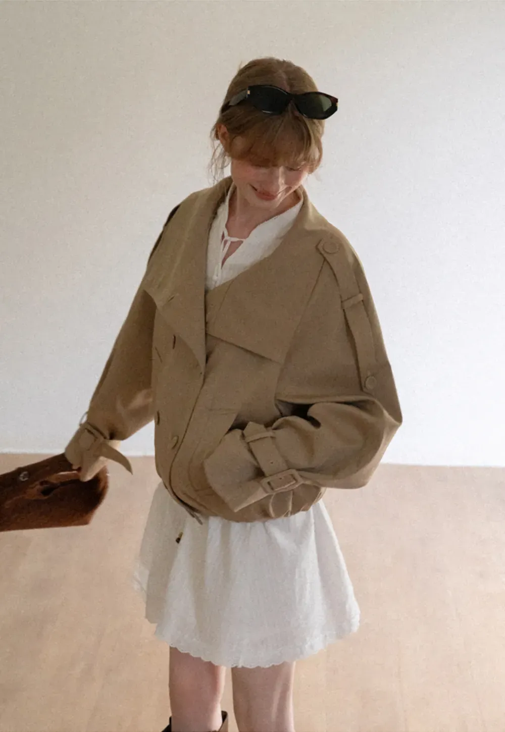 Oversized Cropped Trench Coat with Asymmetrical Lapel