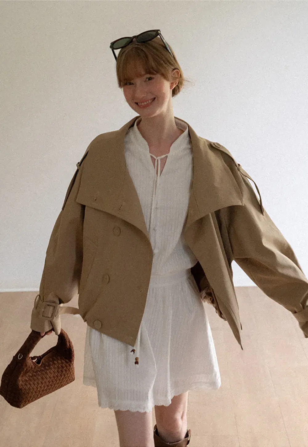 Oversized Cropped Trench Coat with Asymmetrical Lapel