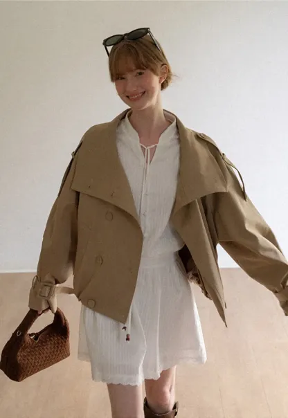 Oversized Cropped Trench Coat with Asymmetrical Lapel