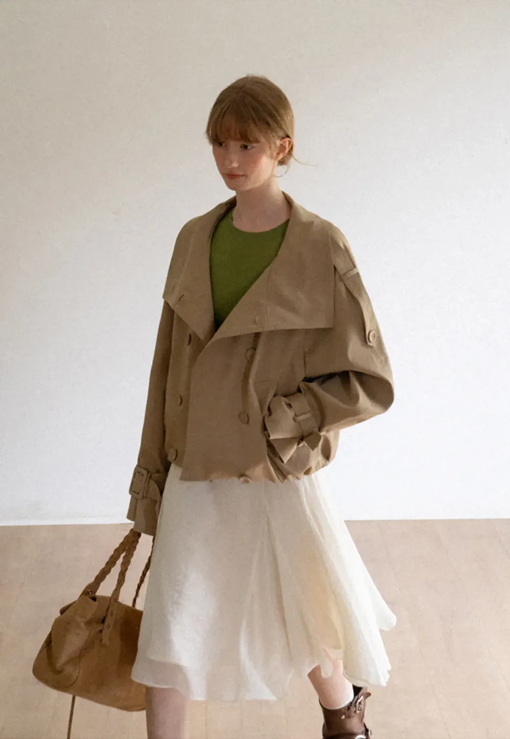 Oversized Cropped Trench Coat with Asymmetrical Lapel