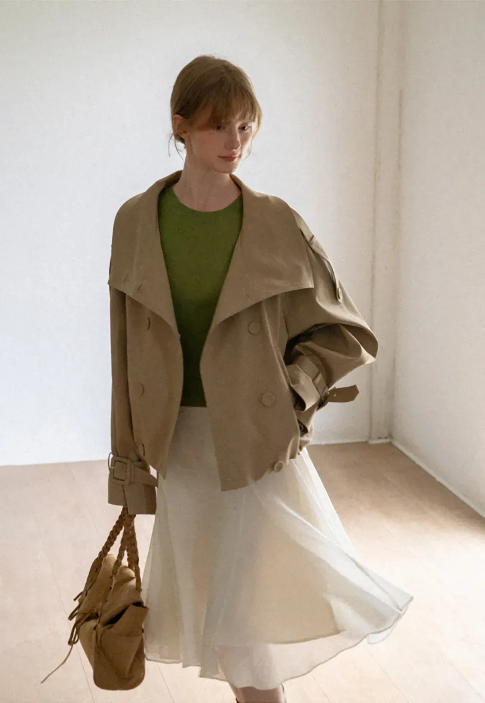 Oversized Cropped Trench Coat with Asymmetrical Lapel