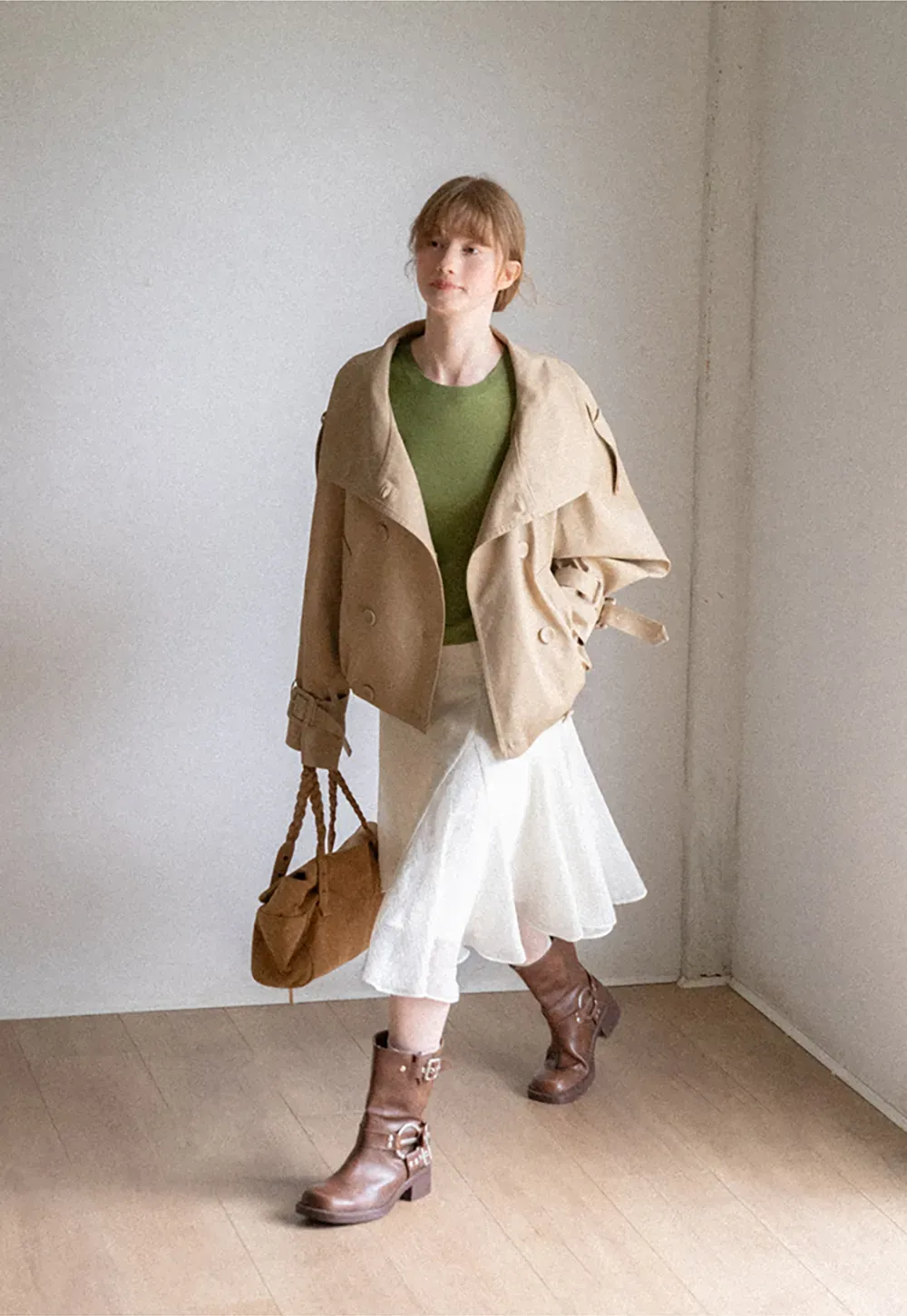 Oversized Cropped Trench Coat with Asymmetrical Lapel