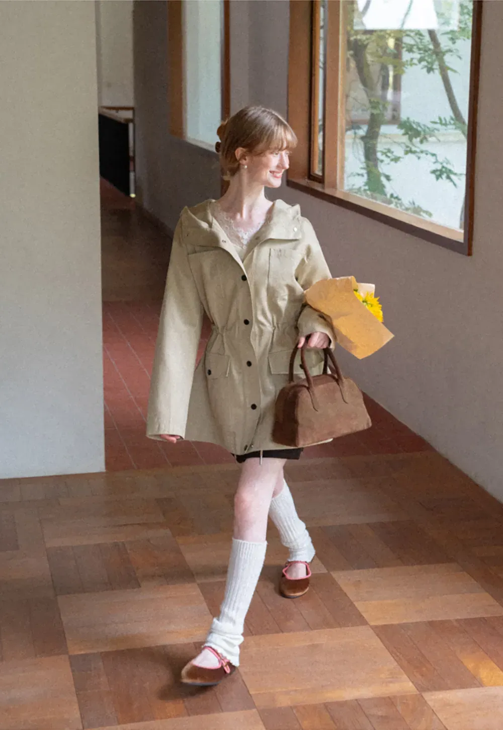 Drawstring Waist Hooded Trench Coat