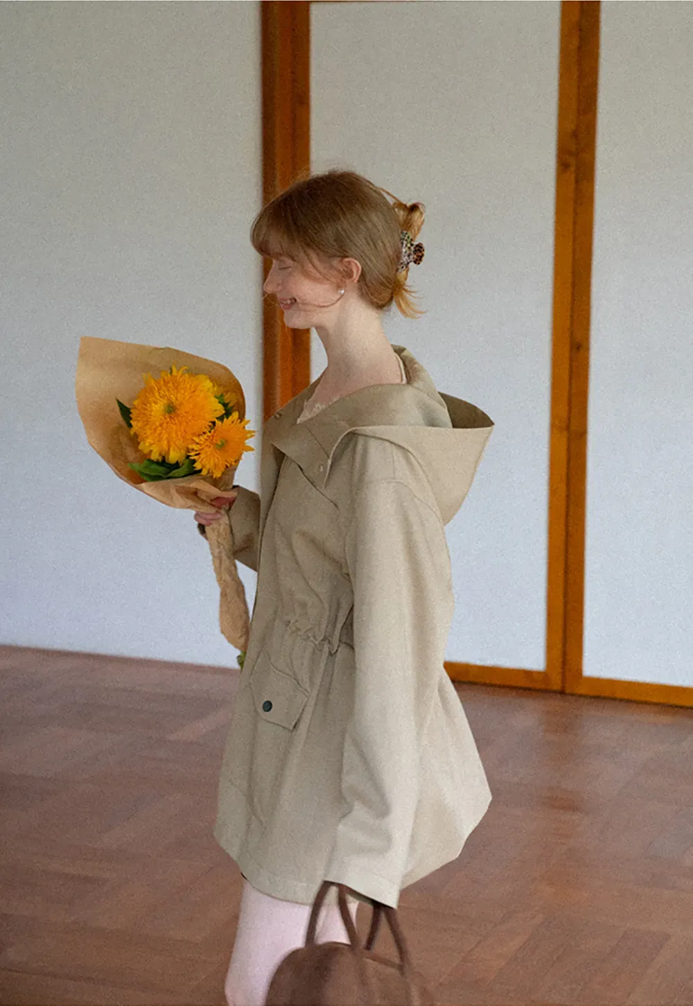 Drawstring Waist Hooded Trench Coat