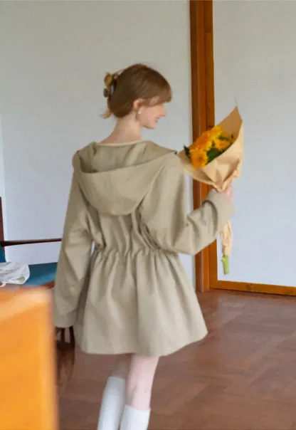 Drawstring Waist Hooded Trench Coat