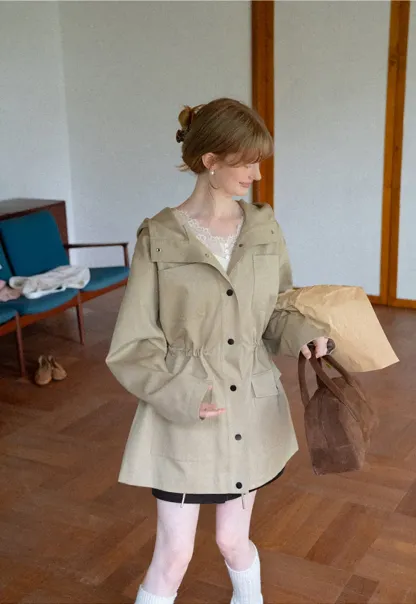 Drawstring Waist Hooded Trench Coat