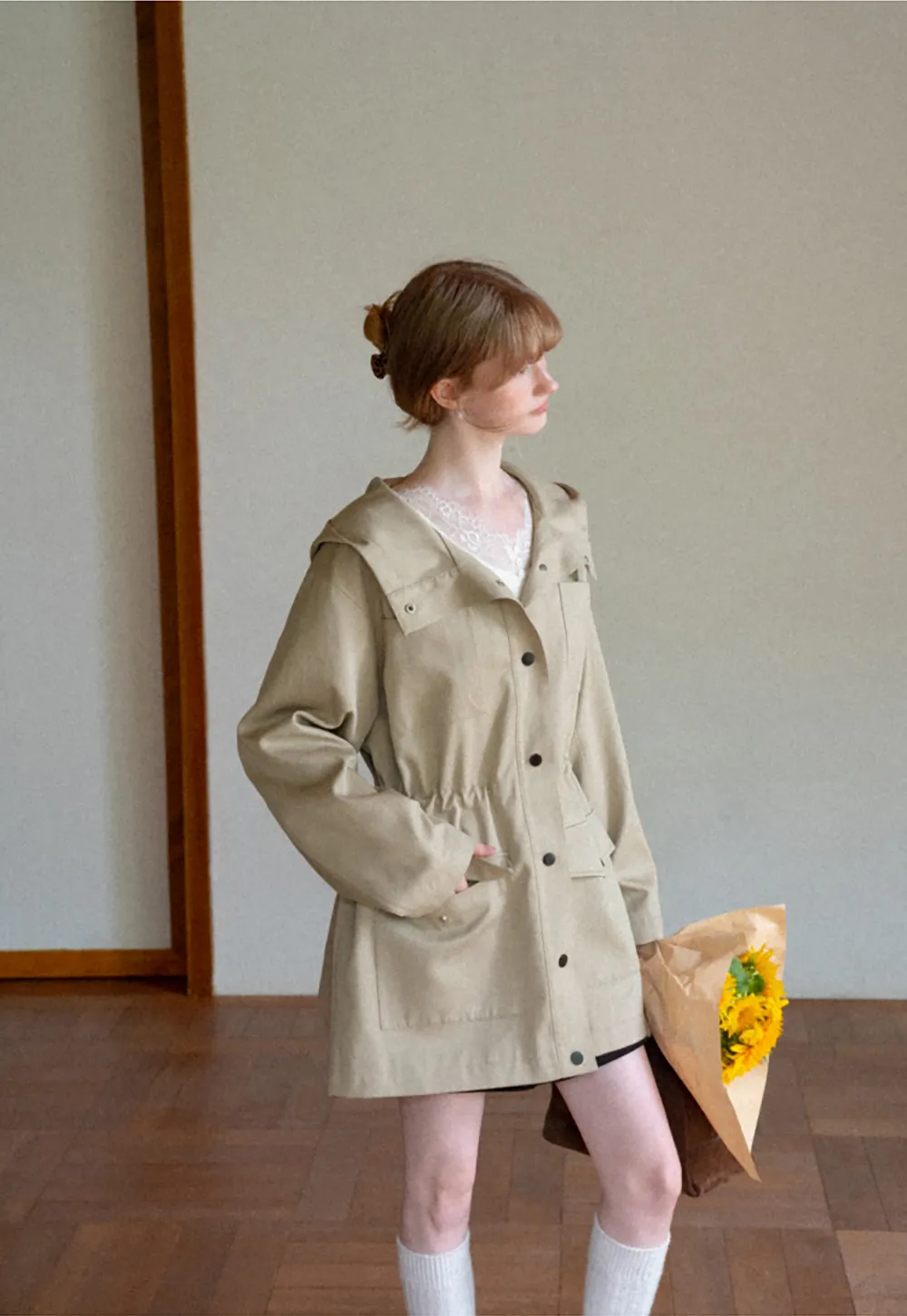 Drawstring Waist Hooded Trench Coat