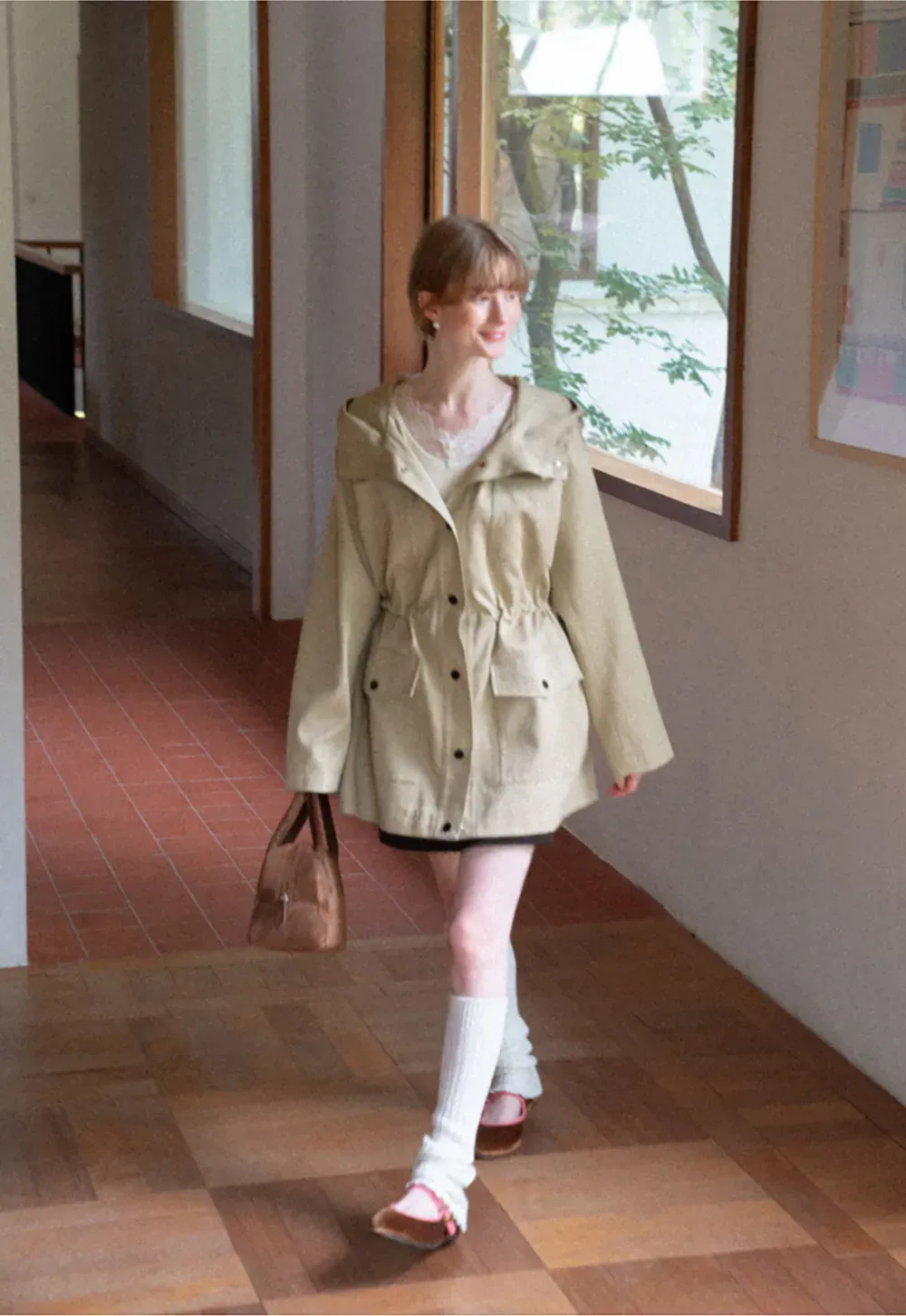 Drawstring Waist Hooded Trench Coat