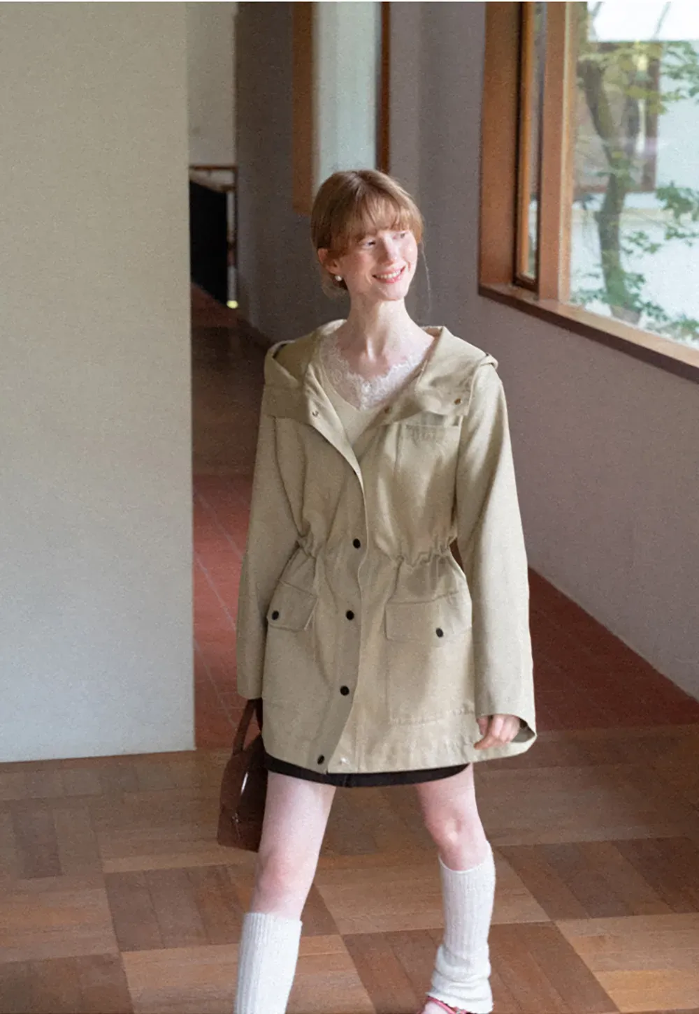 Drawstring Waist Hooded Trench Coat