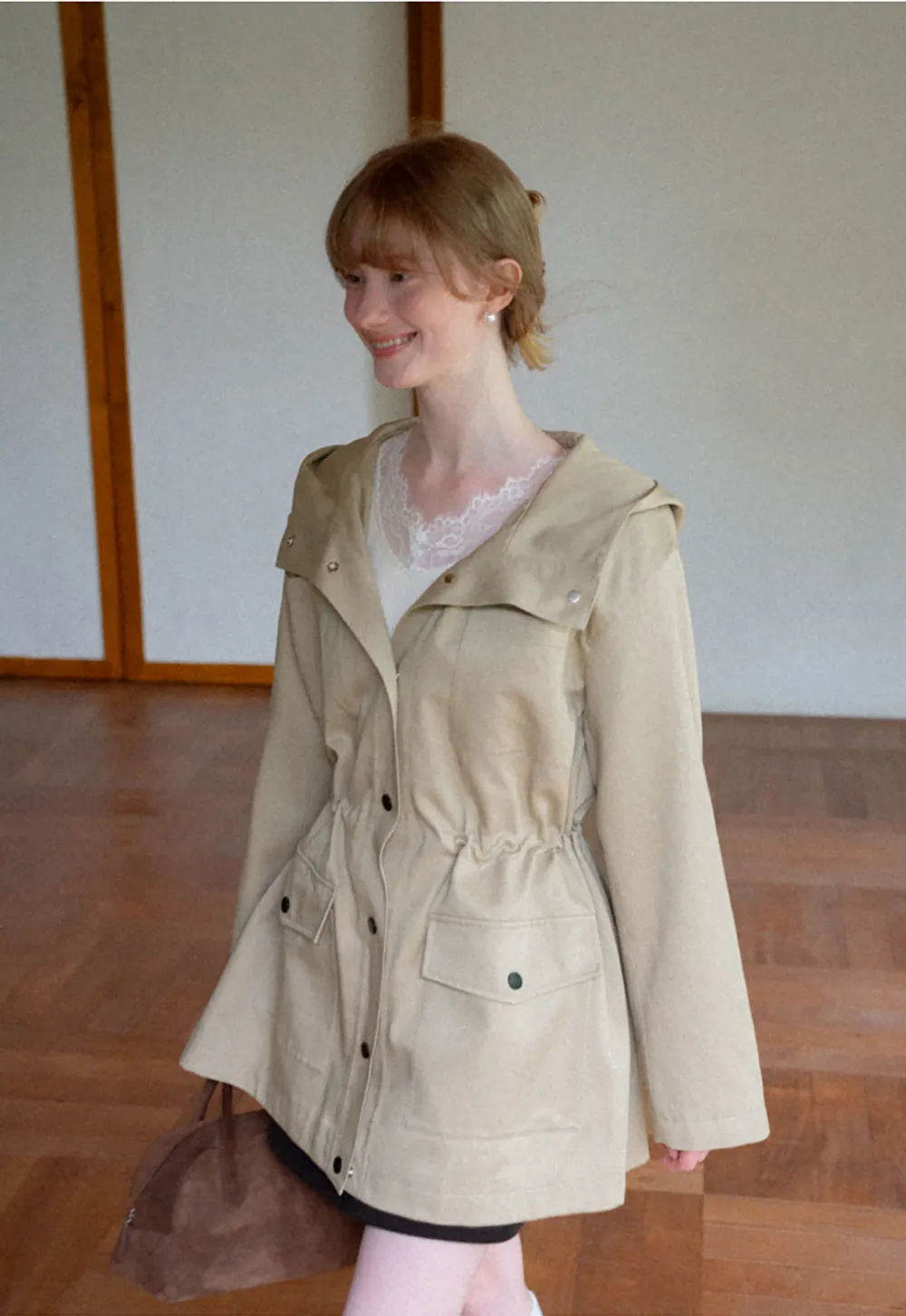 Drawstring Waist Hooded Trench Coat