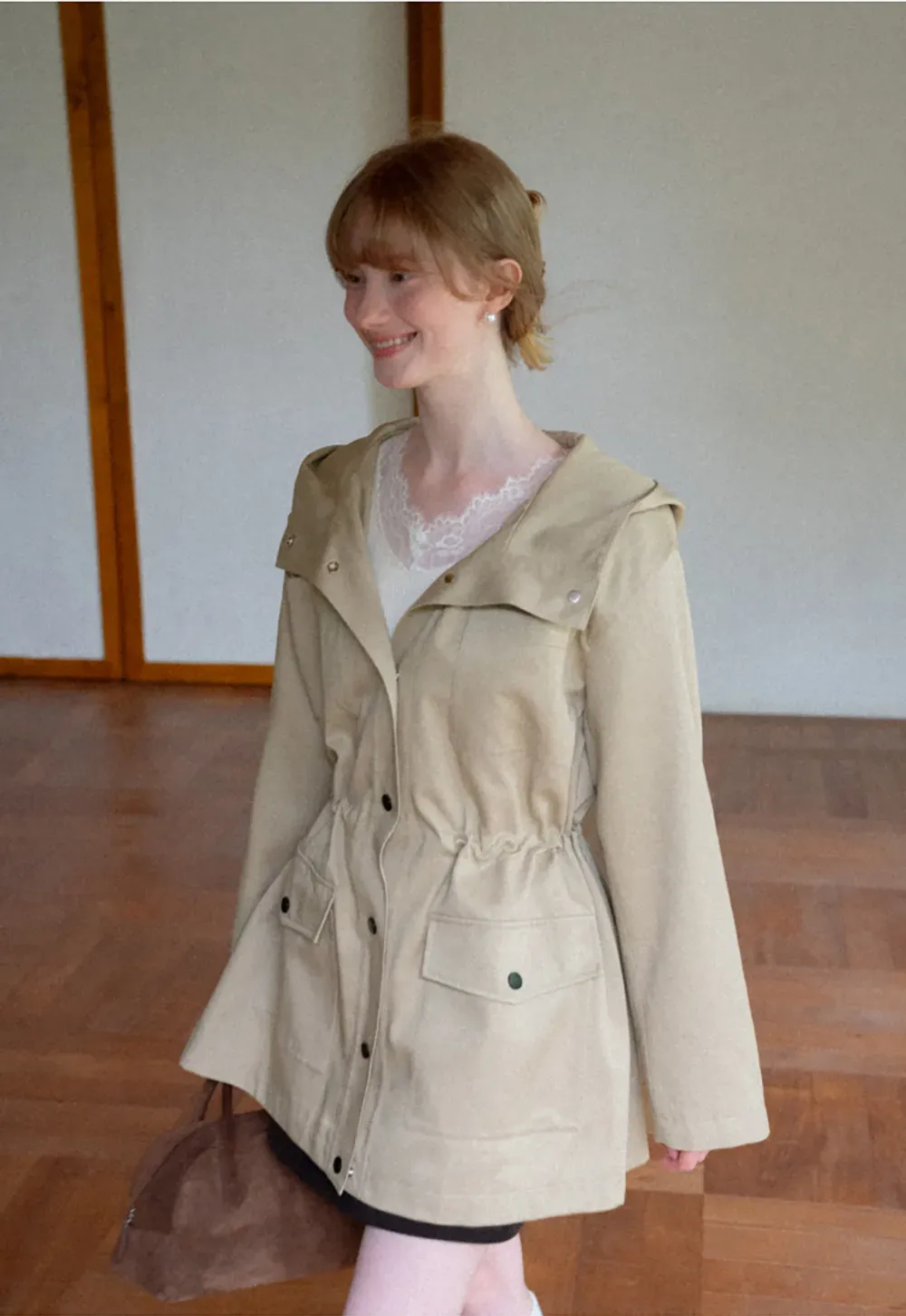 Drawstring Waist Hooded Trench Coat
