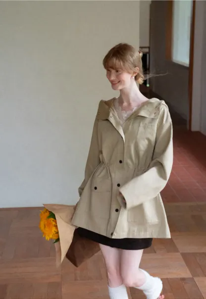 Drawstring Waist Hooded Trench Coat