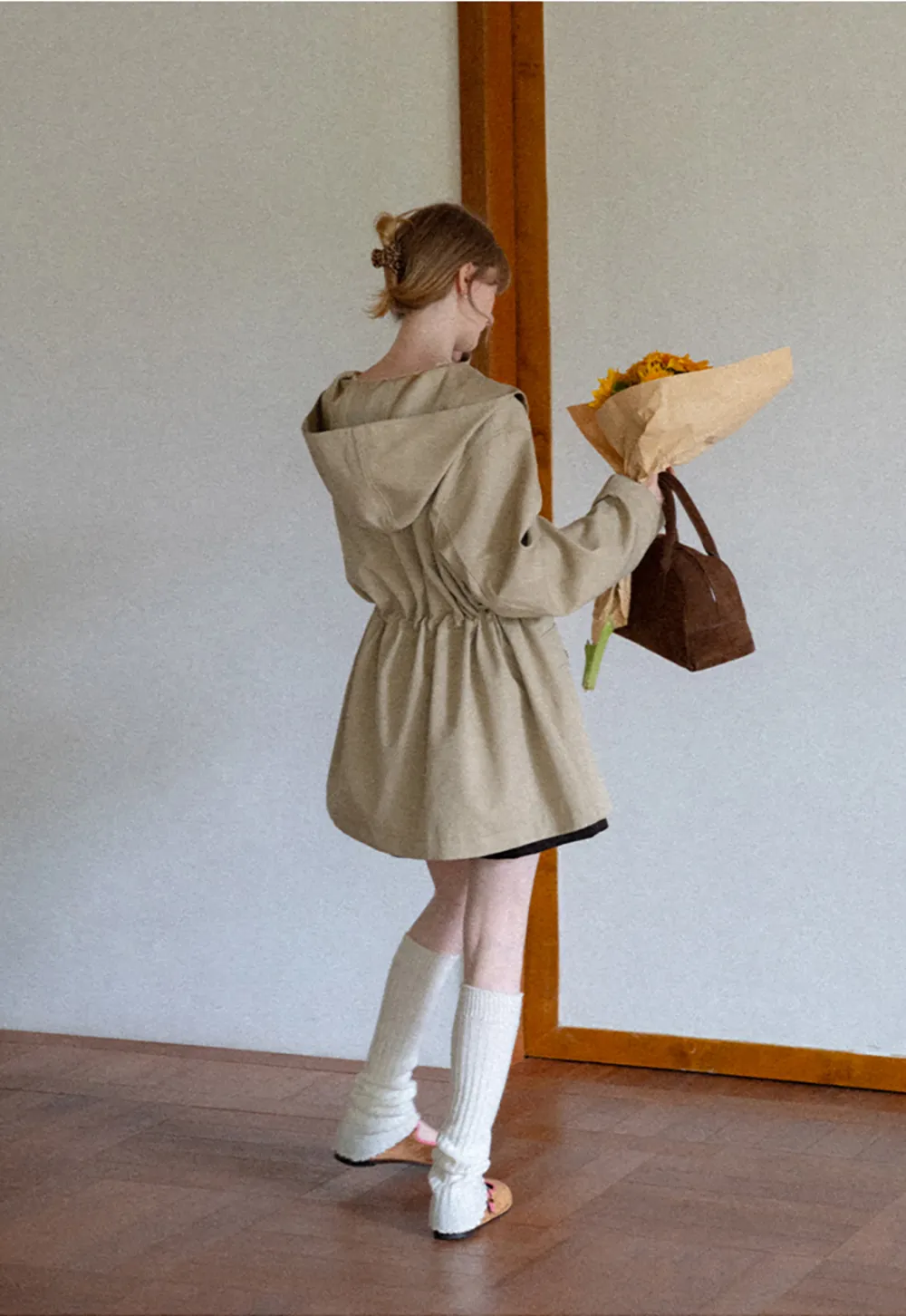 Drawstring Waist Hooded Trench Coat