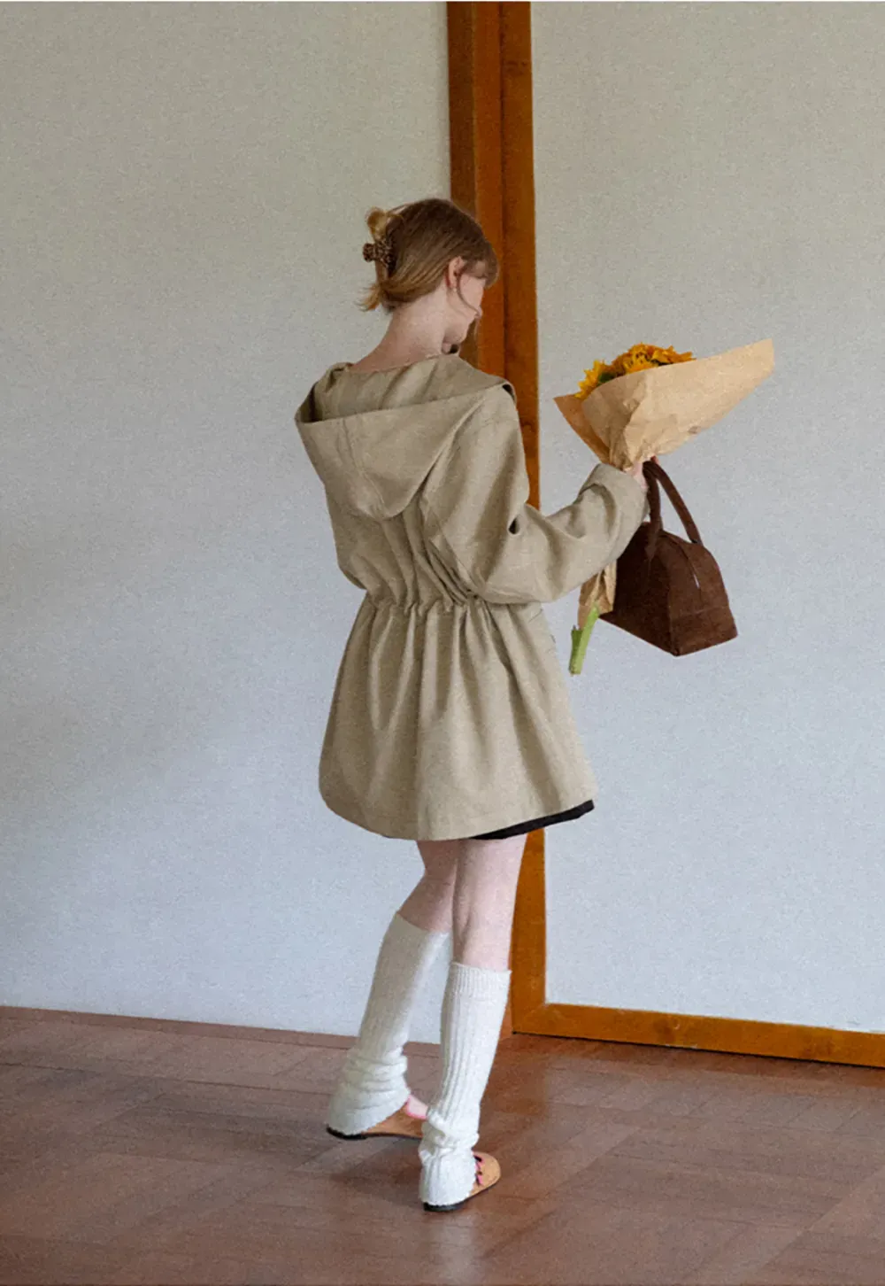 Drawstring Waist Hooded Trench Coat