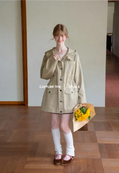 Drawstring Waist Hooded Trench Coat