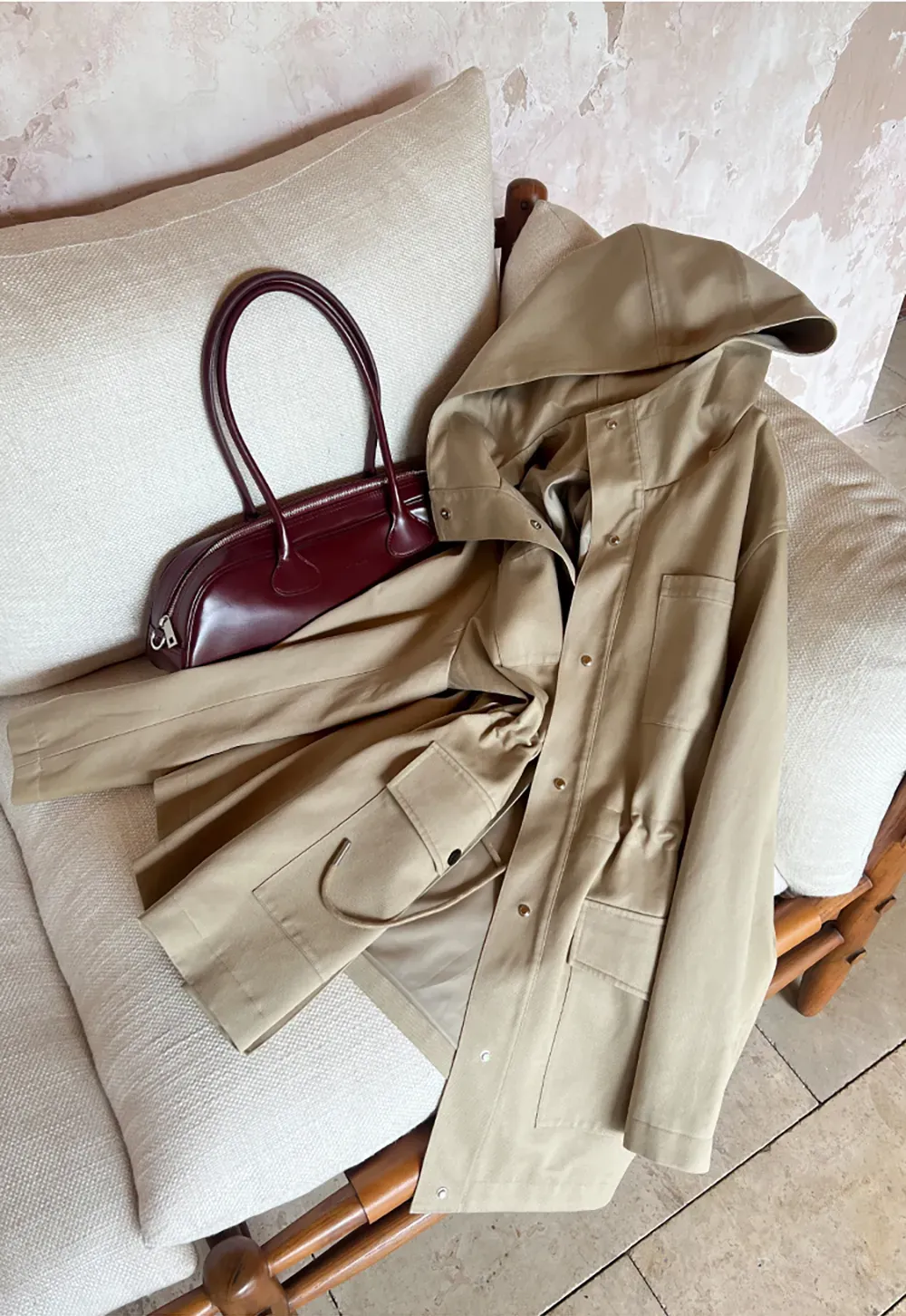 Drawstring Waist Hooded Trench Coat