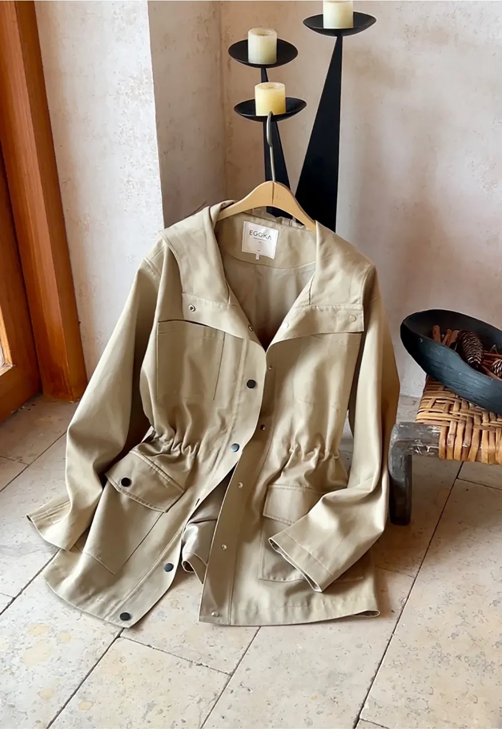 Drawstring Waist Hooded Trench Coat
