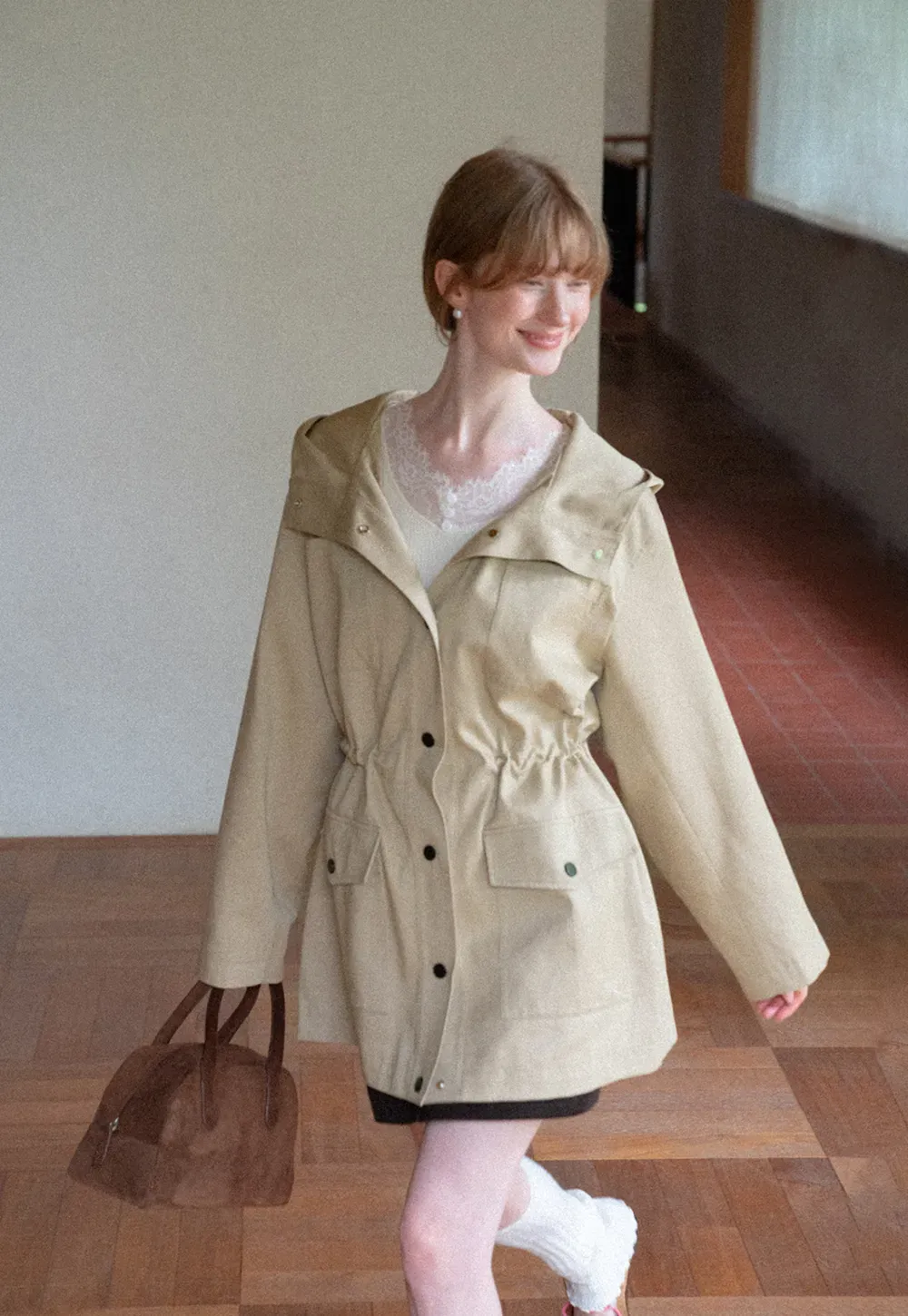 Drawstring Waist Hooded Trench Coat