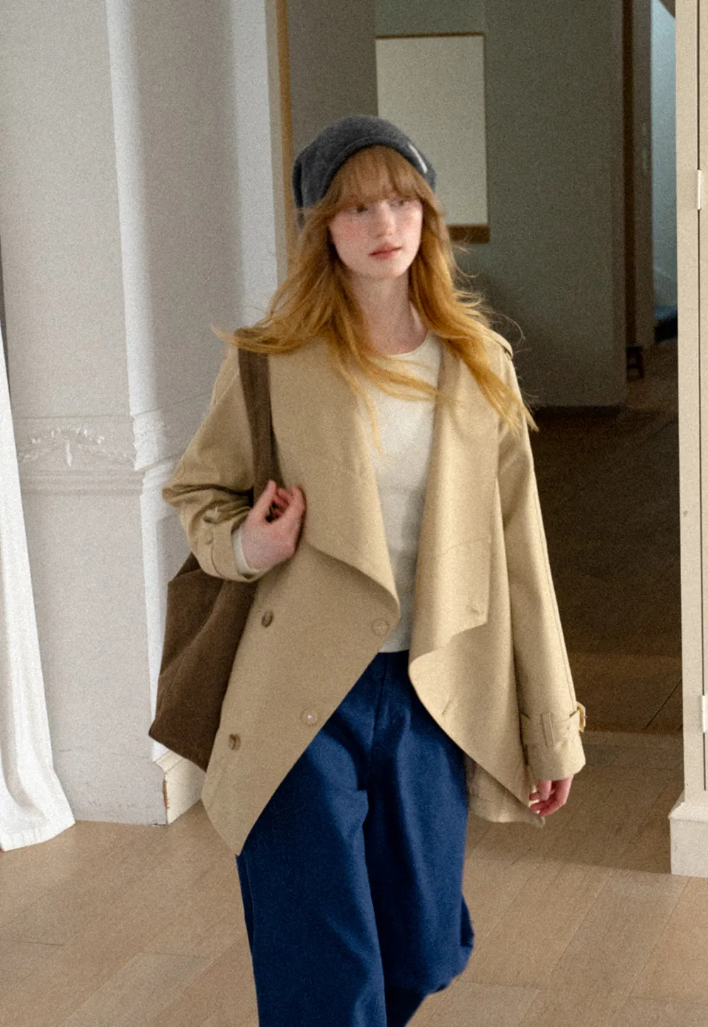 Asymmetrical Lapel Double Breasted Trench Coat