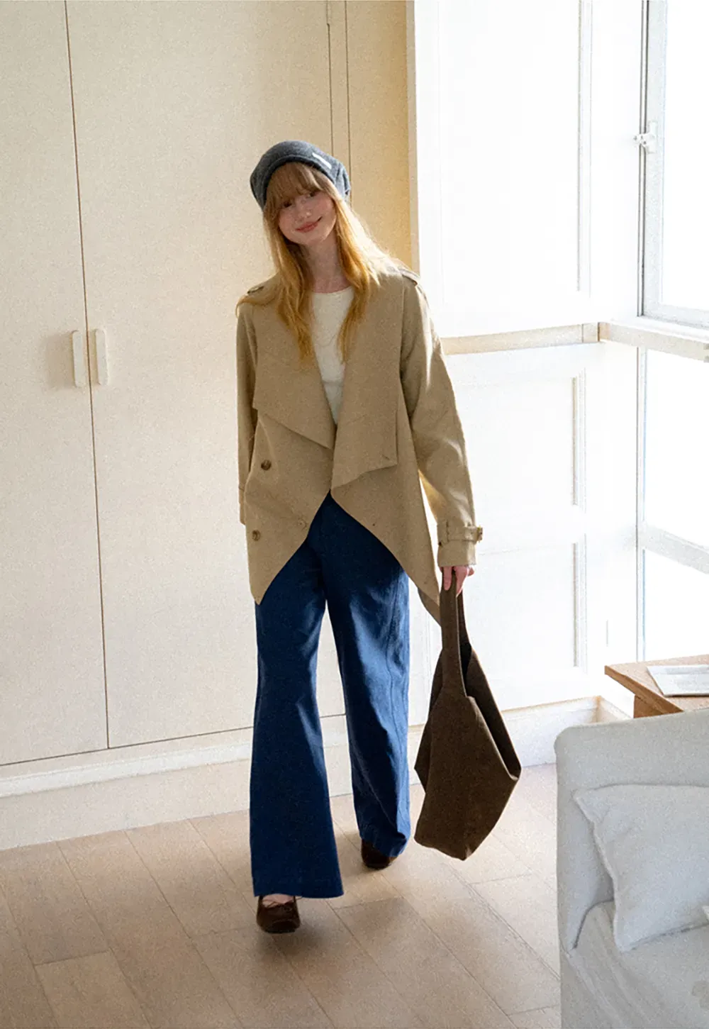 Asymmetrical Lapel Double Breasted Trench Coat