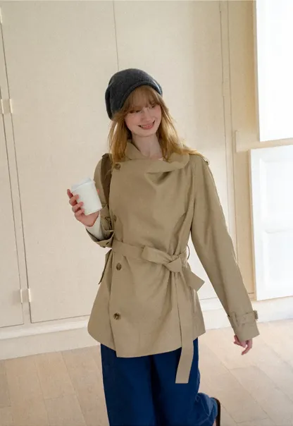 Asymmetrical Lapel Double Breasted Trench Coat