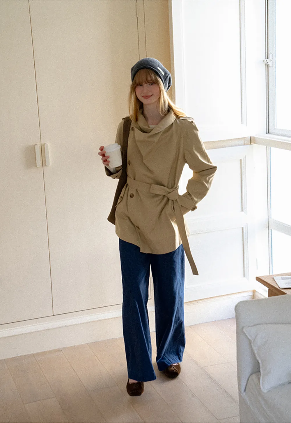 Asymmetrical Lapel Double Breasted Trench Coat