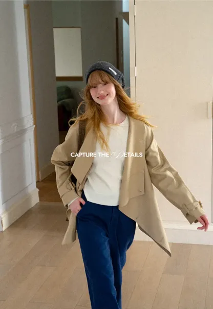 Asymmetrical Lapel Double Breasted Trench Coat