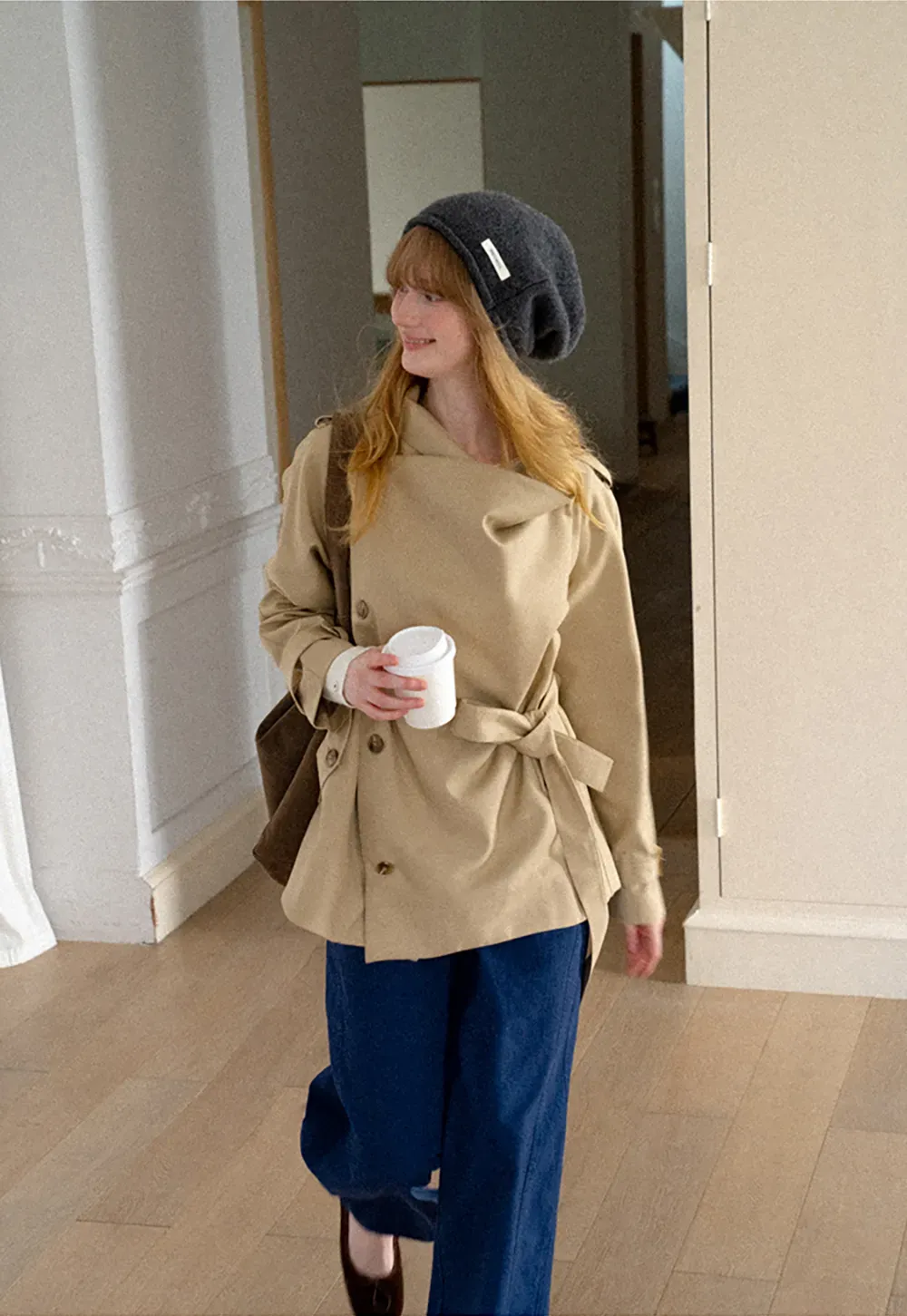 Asymmetrical Lapel Double Breasted Trench Coat