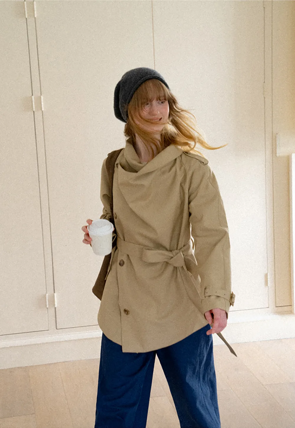 Asymmetrical Lapel Double Breasted Trench Coat