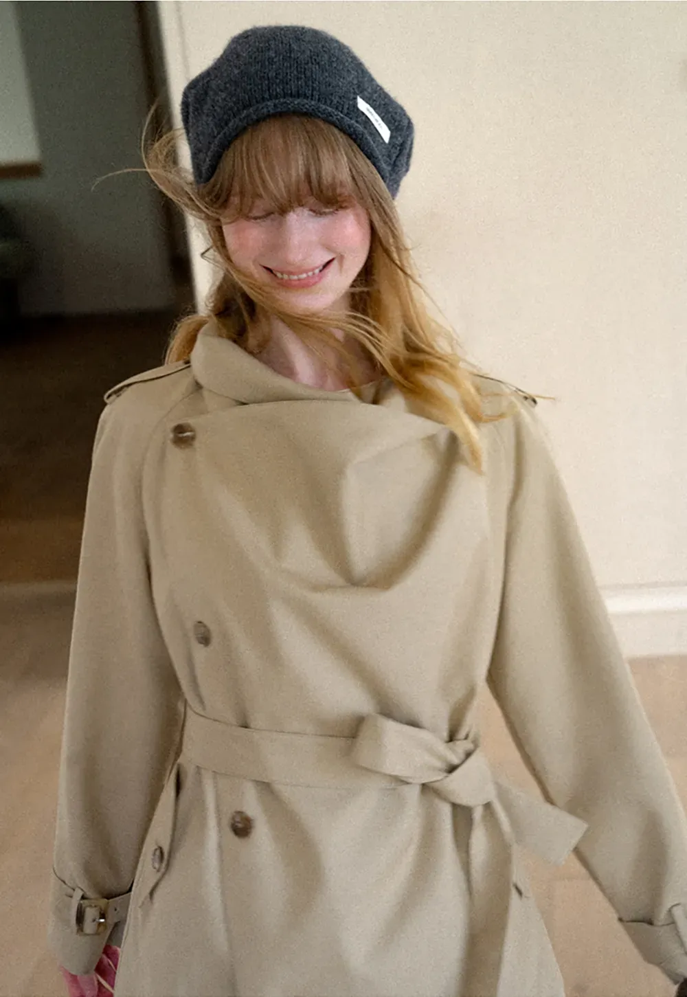 Asymmetrical Lapel Double Breasted Trench Coat