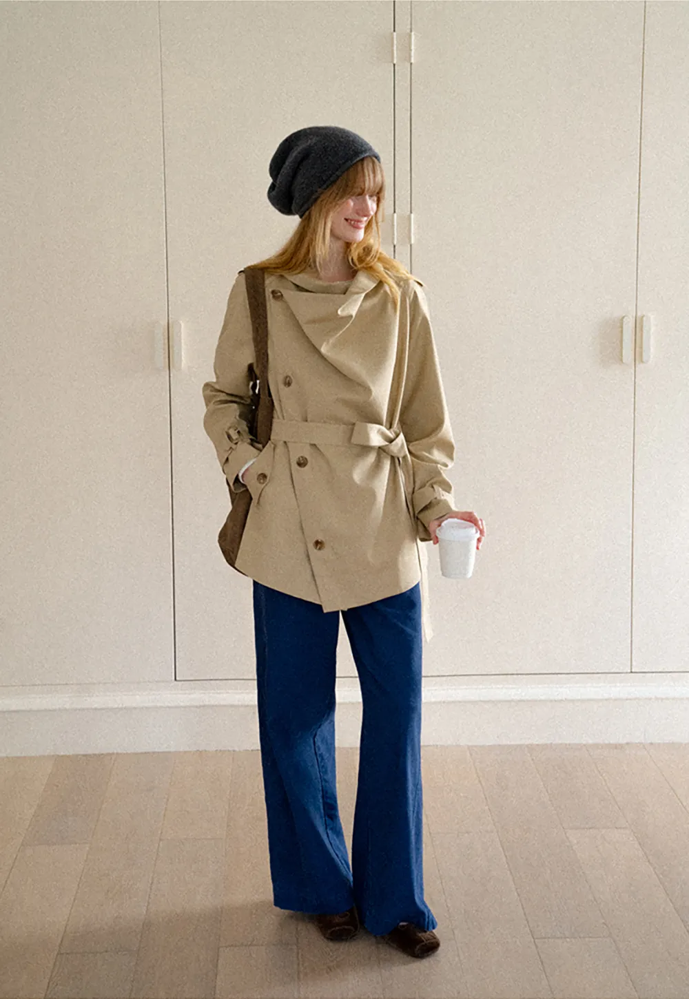 Asymmetrical Lapel Double Breasted Trench Coat