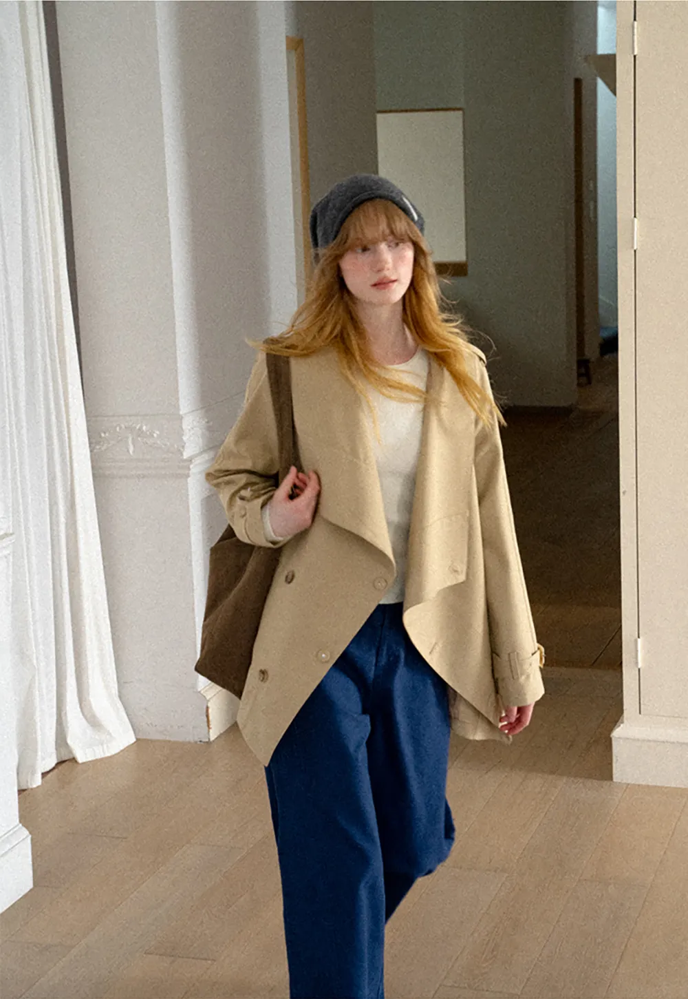 Asymmetrical Lapel Double Breasted Trench Coat