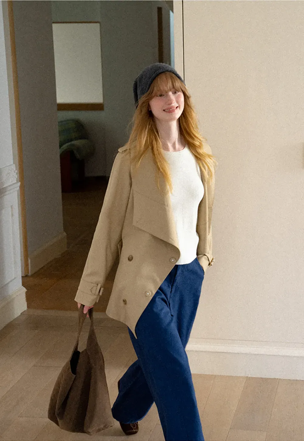 Asymmetrical Lapel Double Breasted Trench Coat