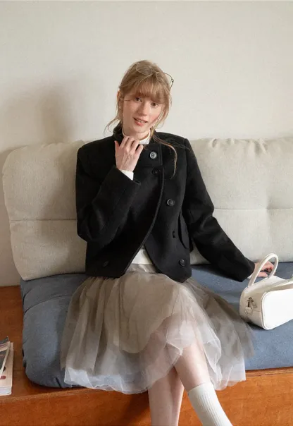 Asymmetrical Collar Double Breasted Wool Coat