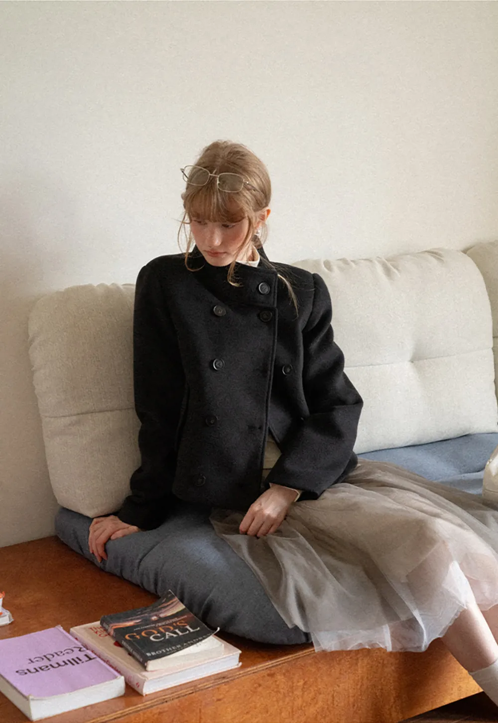 Asymmetrical Collar Double Breasted Wool Coat