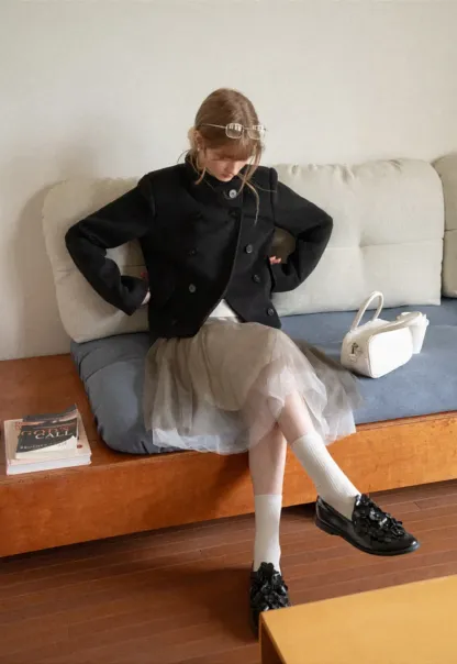 Asymmetrical Collar Double Breasted Wool Coat