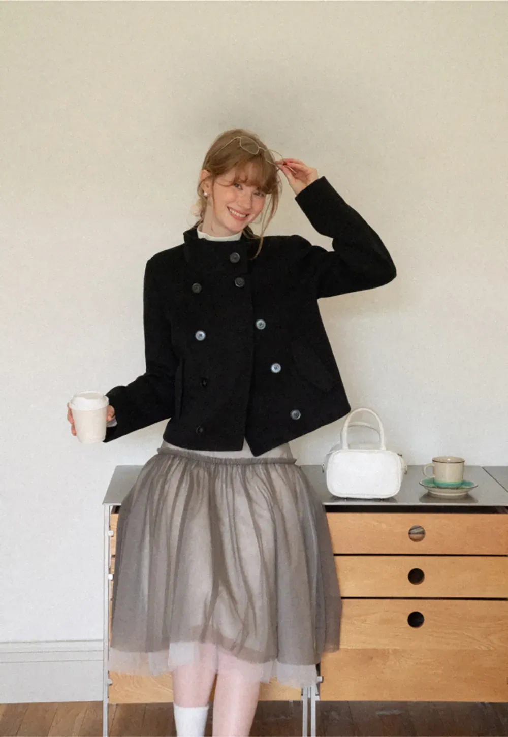 Asymmetrical Collar Double Breasted Wool Coat