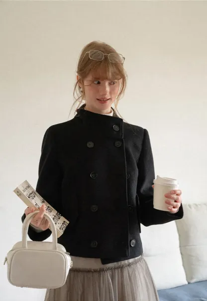 Asymmetrical Collar Double Breasted Wool Coat