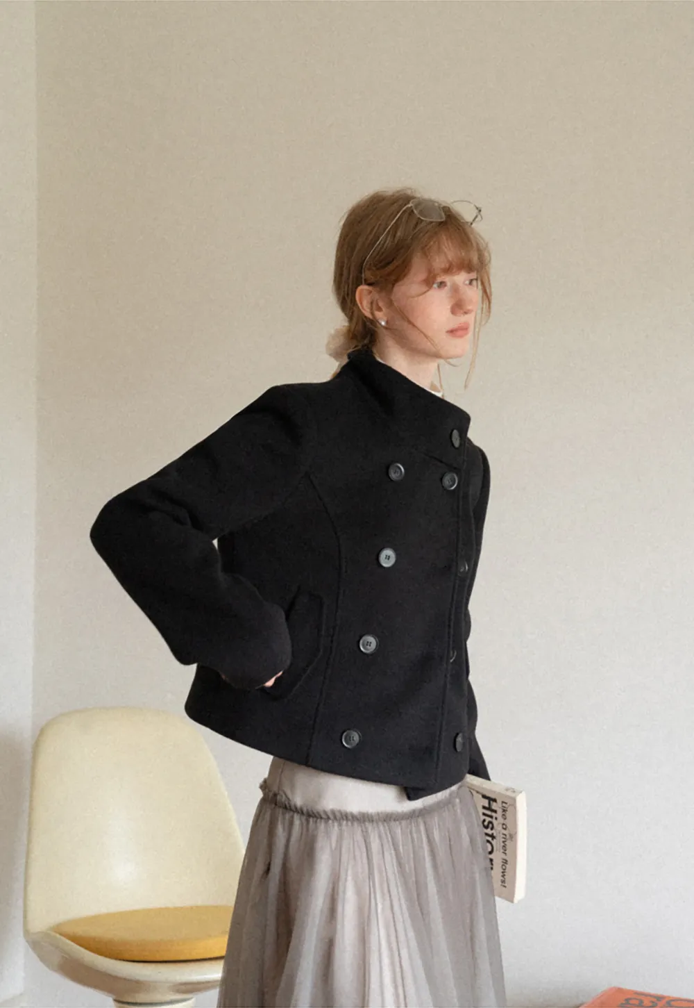 Asymmetrical Collar Double Breasted Wool Coat