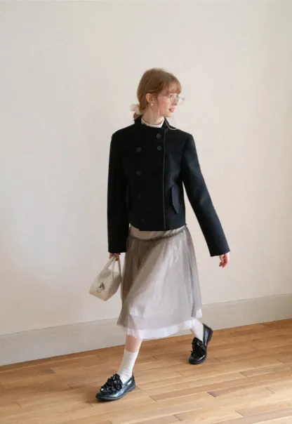 Asymmetrical Collar Double Breasted Wool Coat