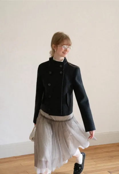 Asymmetrical Collar Double Breasted Wool Coat