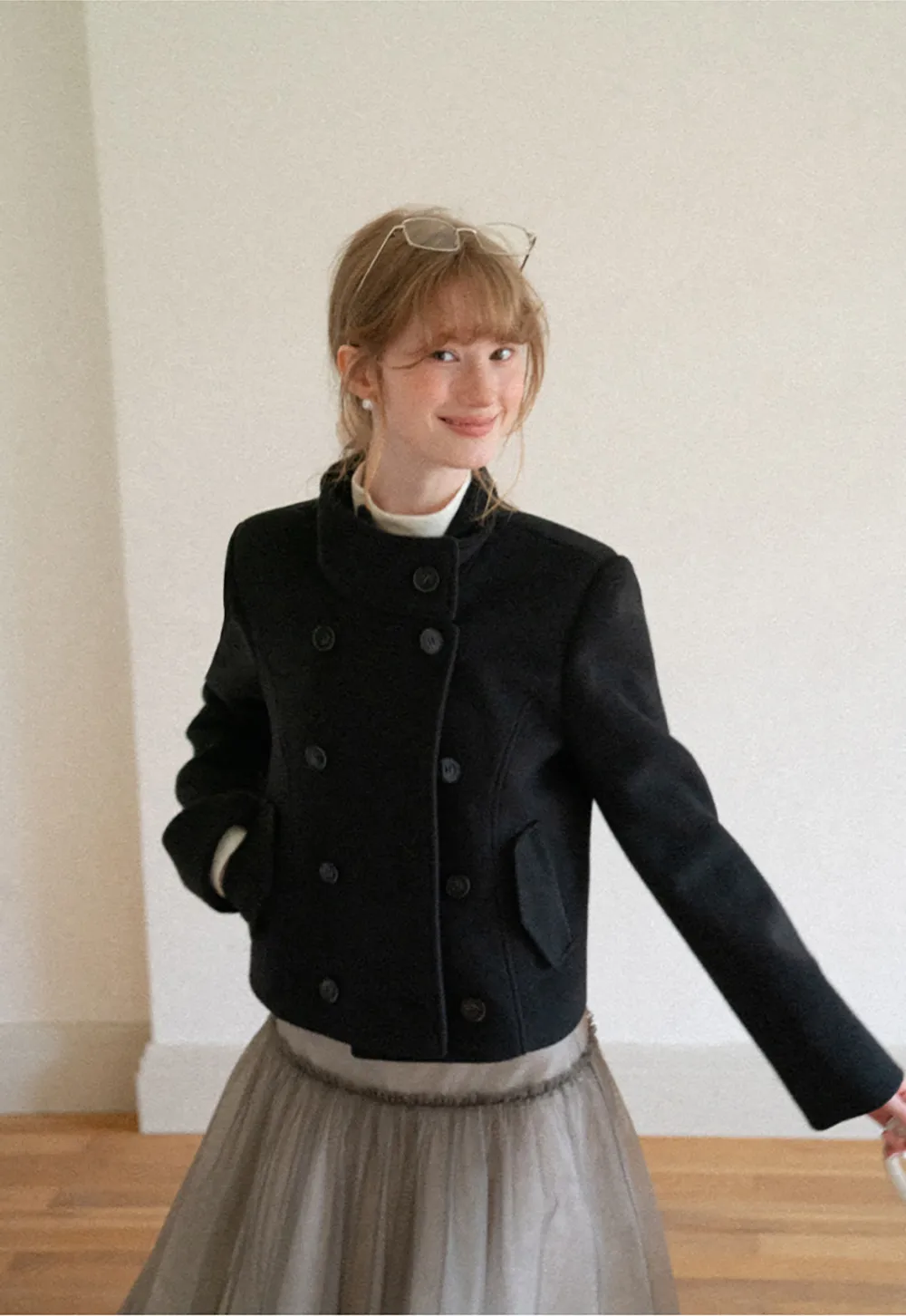 Asymmetrical Collar Double Breasted Wool Coat