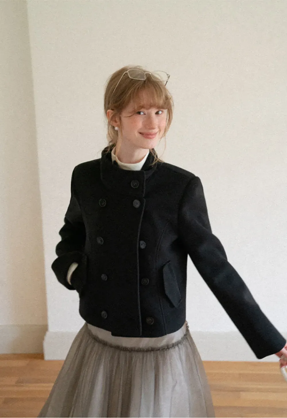 Asymmetrical Collar Double Breasted Wool Coat