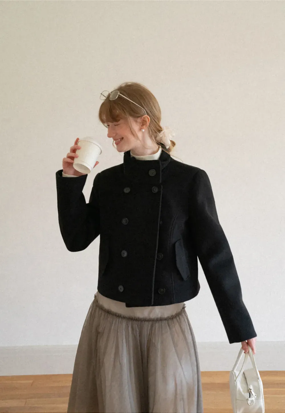 Asymmetrical Collar Double Breasted Wool Coat