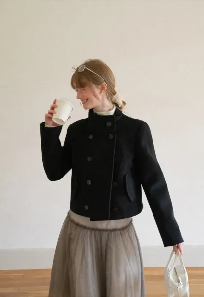 Asymmetrical Collar Double Breasted Wool Coat